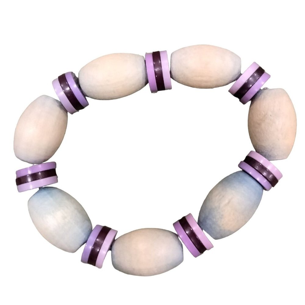 Wood Bead Bracelet Stretch Bead 7 inch Spring Break Beachwear Blue Purple